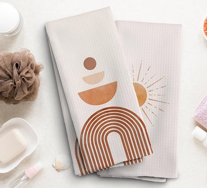 Boho Sun Sunshine Rainbow Geometric Semi Circle Kitchen Towels and Dishcloths Set of 2,Boho Absorbent Drying Cloth Hand Towels Tea Towels for Bathroom Kitchen,Boho Gifts for Women Girls,16×24 inches