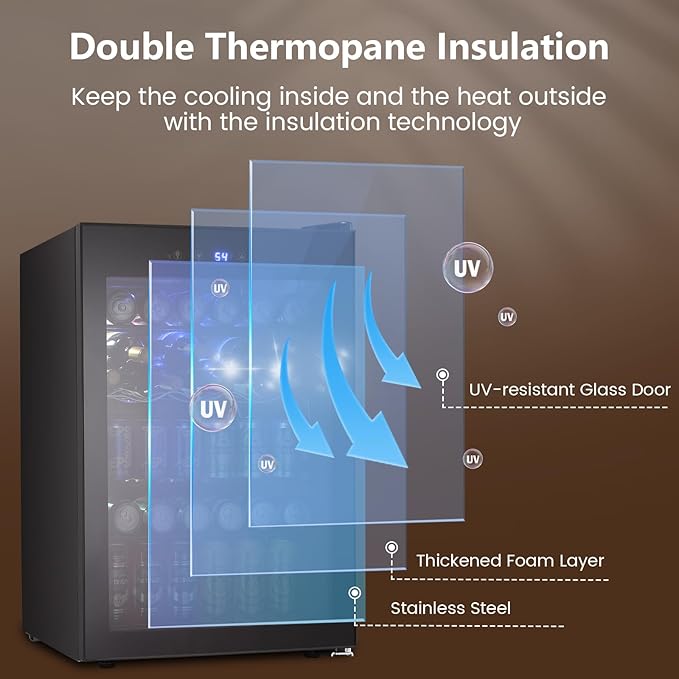 4.4 Cu.ft Beverage Refrigerator Cooler, 145 Can Mini Fridge Glass Door with Adjustable Shelves, Digital Temperature Display, Freestanding Small Drink Fridge for Home, Office or Bar(Black)