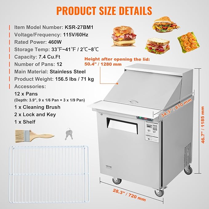 VEVOR 28" Commercial Refrigerator, 12 Pans Sandwich & Salad Prep Table, 7.4 Cu. Ft Stainless Steel Refrigerated Food Prep Station, Frost Free Mega Top Refrigerator for Restaurant, Food Truck, Bar
