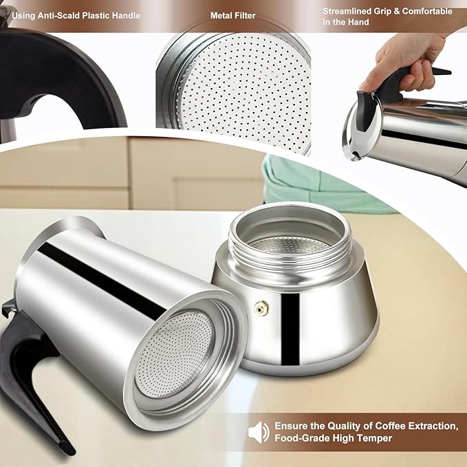 12 Cup Stovetop Espresso Maker Stainless Steel Moka Pot Stove Top Percolator Italian Coffee Makers Capable Mocha Greca Machine Cafe Classic Induction Cookers for Home and Camping 600ml 20oz