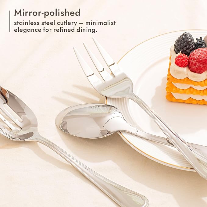 KINGSTONE 65 Piece Teardrop Silverware Set With Serving Utensils, 18/10 Stainless Steel Flatware Set, Modern Design Cutlery Set for Home/Hotel/Wedding,Mirror Polished and Dishwasher Safe