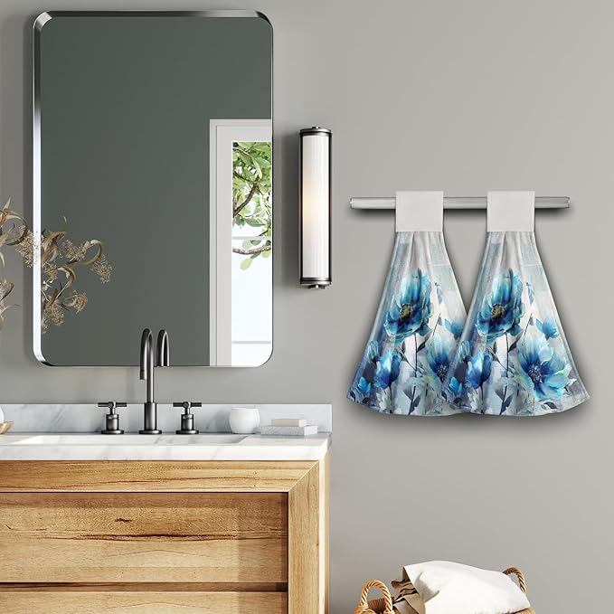Giwawa Blue Floral Hanging Kitchen Towels 2 Pieces Watercolor Flower Dish Cloth Soft Absorbent Tie Towels Tea Bar Towels for Hotel Toilet Home