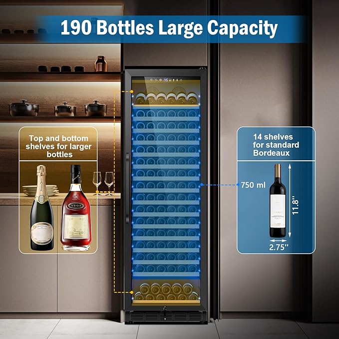 Wine Fridge 24 Inch, 190 Bottles Freestanding or Built-in Wine Cooler Refrigerator with Sliding Rail Shelves, Professional Wine Cellar Low Noise, Black