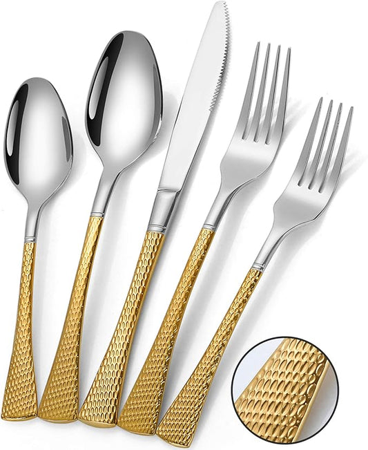 Lemeya Hammered Silver Gold Silverware Set for 8,Stainless Steel 40-Piece Modern Cutlery Set,Mirror Polished Heavy Duty Flatware Set Utensil Set,Knives Spoons and Forks Set,Dishwasher Safe