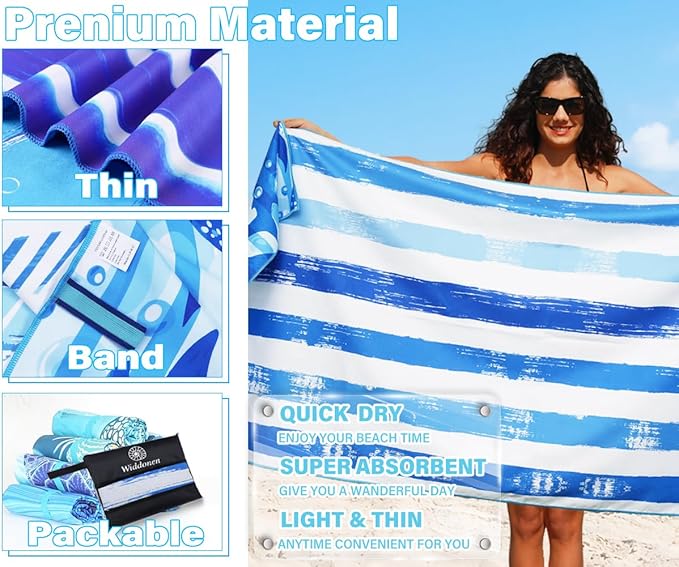 2 Pack Lightweight Thin Microfiber Beach Towel Sand Free Quick Dry Absorbent Compact Soft Pool Swim Travel Towels Extra Large Oversized Beach Accessories packable Essentials Stuff Gifts for Adult