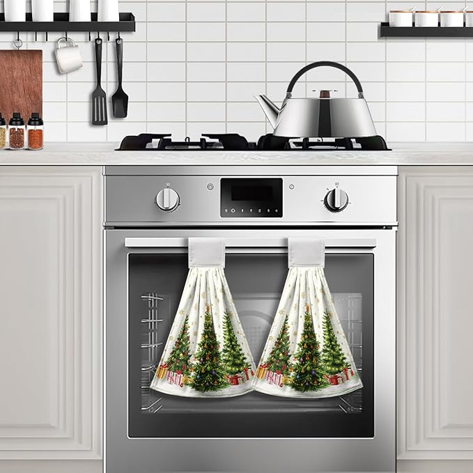 Xmas Tree Hanging Kitchen Towels Winter Holiday Hand Tie Towel Snowflakes Dish Towels with Loop Soft Absorbent Dishcloth for Bathroom Kitchen