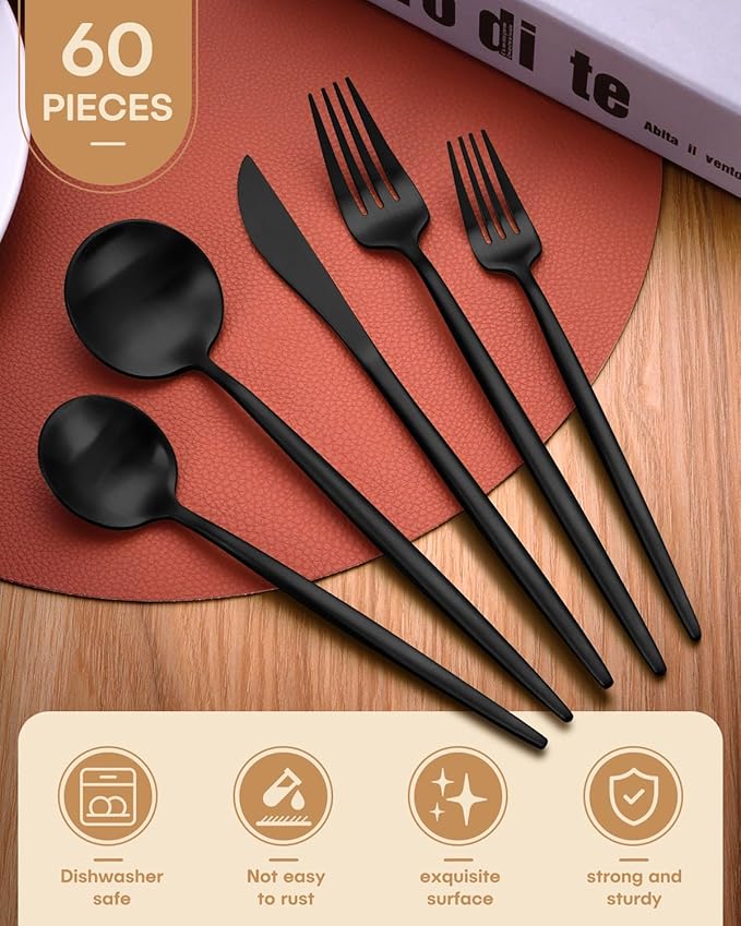 Black Silverware Set for 12,Ollex 60-Piece Modern Black Flatware Set with Food-Grade Stainless Stain Knives Forks Spoons Matte Utensil Set Satin Finish tableware Cutlery Set,Dishwasher Safe