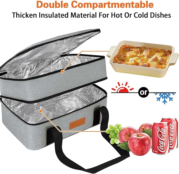LHZK Double Insulated Casserole Carrier for Hot or Cold Food, Lasagna Holder Tote for Potluck Parties, Beach, Picnic, Travel, Fits 11x15 or 9x13 Dish (Grey)