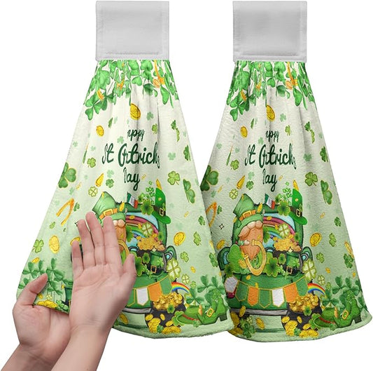 St. Patrick's Day Shamrock Kitchen Towel with Loop Lucky Gnomes Truck Hanging Hand Towels St Patricks Green Spring Hanging Dish Tea Towels for Home Holiday Decor