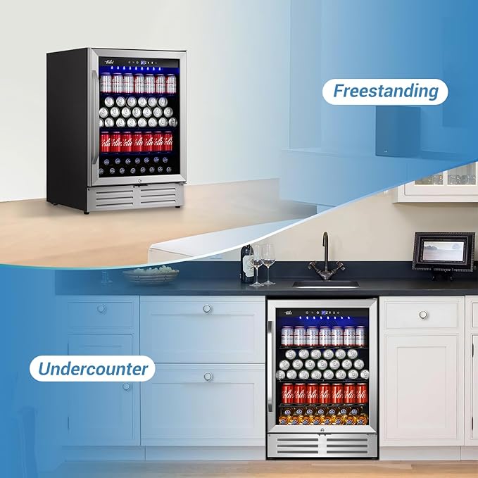 24'' Beverage Refrigerator Cooler,168 Cans Beverage and Beer Fridge with Glass Door, Built-in/Freestanding Drink Fridge for Kitchen, Bar or Office, Stainless Steel Silver