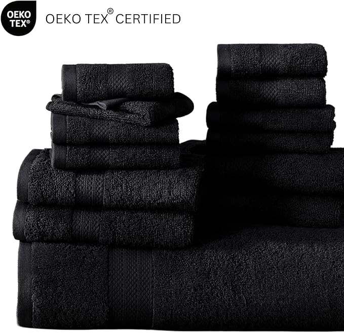 LANE LINEN 100% Cotton Luxury Bath Towel Set - 6 Pieces - Ring Spun, Super Soft & Highly Absorbent - 2 Bath, 2 Washcloths, 2 Hand Towels for Bathroom - Holds Well After Multiple Washes - Black