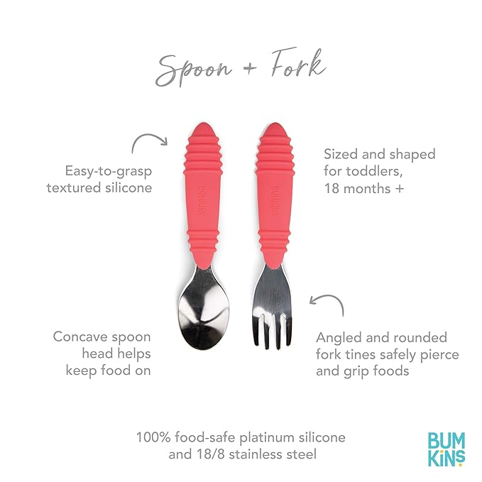 Bumkins Toddler Utensils, Kids Size Fork and Spoon Set, Silicone and Stainless-Steel Training Silverware, Angled Forks / Sporks for Self-Feeding, Children Hold Learning to Eat, 18 Months Up, Red