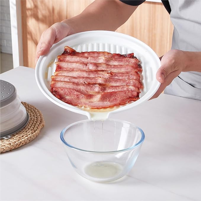 ONEMORE Microwave Bacon Tray with Lid Ceramic Bacon Cooker Meat Rack for Oven Cooking Crispy Bacon Maker with Cover - 11 inch Round Bacon Dish Plate, White