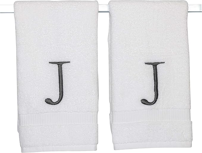 Dark Gray Letter Hand Towel for Bathroom - Monogrammed Initial Hotel Quality Decorative Embroidered Towel for Powder Room, Spa - GOTS Organic Certified - Set of 2 Letter J