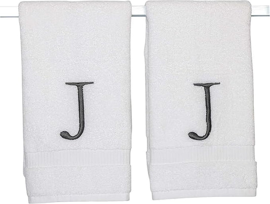 Dark Gray Letter Hand Towel for Bathroom - Monogrammed Initial Hotel Quality Decorative Embroidered Towel for Powder Room, Spa - GOTS Organic Certified - Set of 2 Letter J