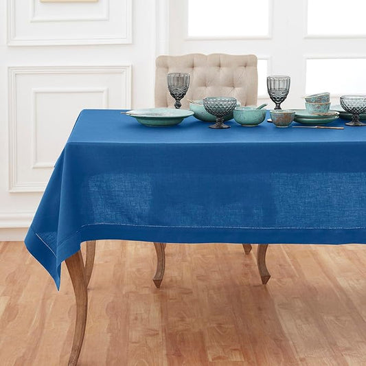 Solino Home Linen Indigo Blue Tablecloth 60 x 90 Inch - Classic Hemstitch, 100% Pure Linen Rectangular Tablecloth - Machine Washable Table Cloth for Winter
