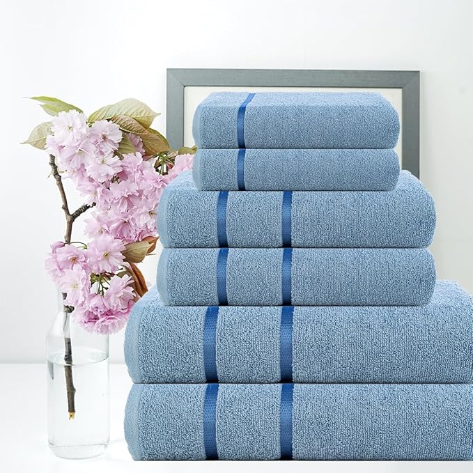 CASA COPENHAGEN Eternal 6 Pieces Towel Set- Dusty Blue, 500 GSM 2 Bath Towel 2 Hand Towel 2 Washcloth, Designed in Denmark Made of Soft Egyptian Cotton for Bathroom, Kitchen & Shower