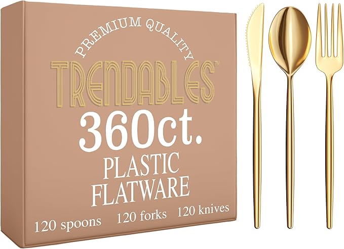 Trendables Gold Plastic Forks and Spoons Disposable Silverware Set 360 Pack Plastic Utensils Set Includes 3 x 120 each Knives & Soup Spoons & Gold Forks Disposable Cutlery For Parties and Events