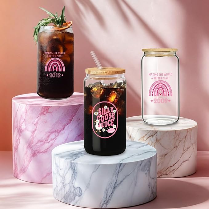 Cute Silly Goose Glass Cup Gifts, Pink Glass Tumbler Set with Straw, Cleaning Brush in Gift Box - Ideal Aesthetic Coffee Bar - Present for Women Friends - 16 Oz