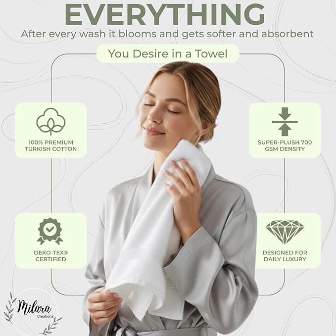 Milara Turkish Bath Towels Set of 6| 2 Bath Towels, 2 Hand Towels & 2 Wash Cloths with Elegant White Color | 700 GSM Premium Quality Cotton Ultra-Soft & Absorbent