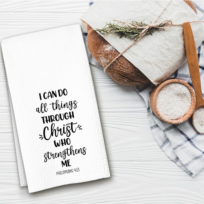Christian Kitchen Towels with Bible Verse, I Can Do All Things Through Christ Who Strengthens Me, 16x24 Waffle Weave Microfiber Dish Cloth, Religious Christian Gifts for Women Men Housewarming Decor