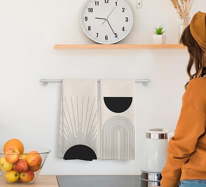 Black Boho Sun Sunray Geometric Arch Semi Circle Kitchen Towels and Dishcloths Set of 2, Absorbent Drying Cloth Hand Towels Tea Towels for Bathroom Kitchen, Gifts for Women Girls, 1624 inches