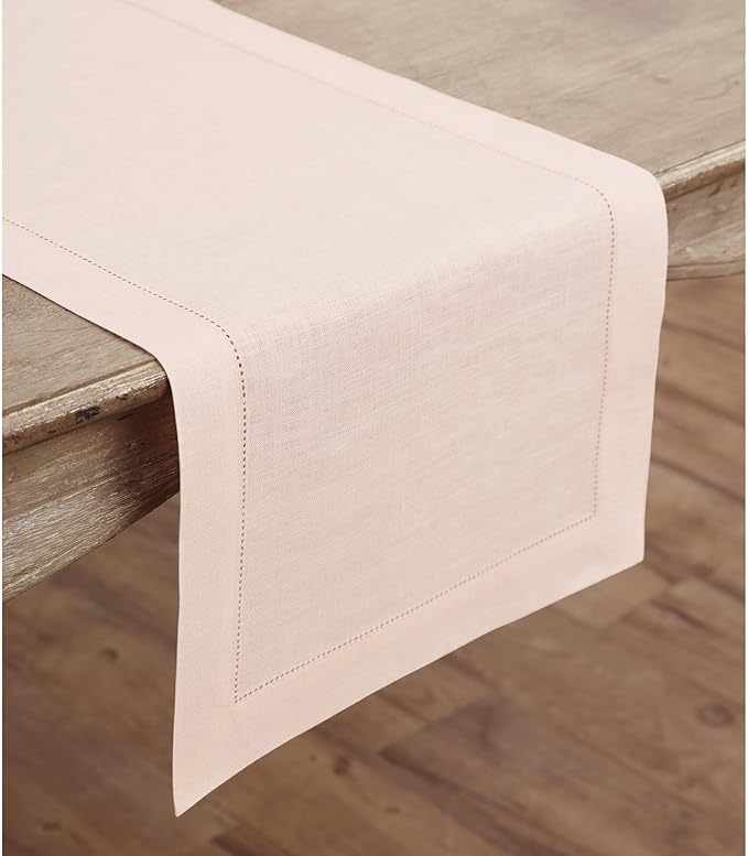 Solino Home Linen Pink Table Runner 108 Inches Long - 100% Pure Linen 14 x 108 Inch Table Runner for Valentines - Classic Hemstitch