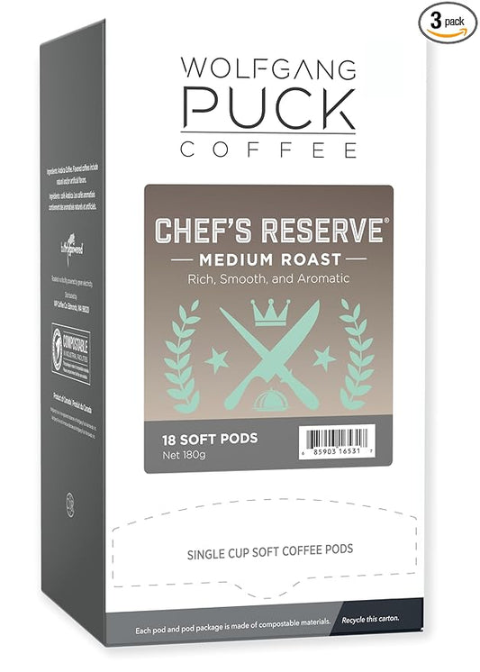 Wolfgang Puck Coffee, Chef's Reserve, Medium Roast, 9.5 Gram Soft Pods, 18-Count (Pack of 3)