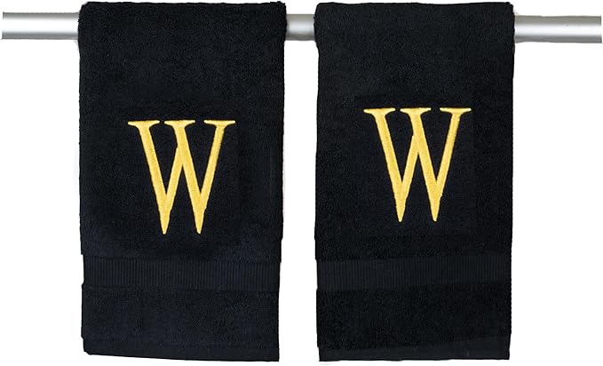 Black Luxury Hand Towel for Bathroom - Monogrammed Initial Hotel Quality Decorative Embroidered Towel for Powder Room, Spa - GOTS Organic Certified - Pack of 2, Letter W