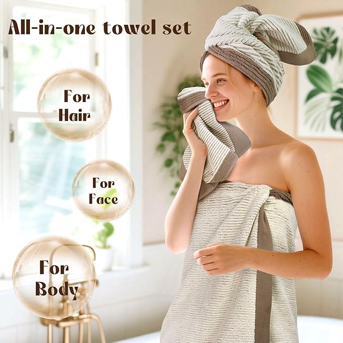 Cleanbear Bathroom Towels Set 4 Piece, 100% Cotton, Ultra Soft, Absorbent and Quick Dry Towel Set, 1 Bath, 1 Hand, 2 Washcloths, Light Beige with Brown Border, Suitable for Men and Women