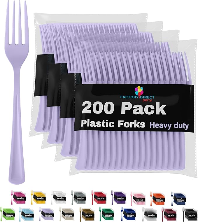 Party Solids Lavender Plastic Forks 200 Pieces Lavender Forks Disposable Utensils Heavy Duty Plastic Cutlery Set Disposable Cutlery Sets Flatware Sets Silverware Set Party Supplies & Party Tableware
