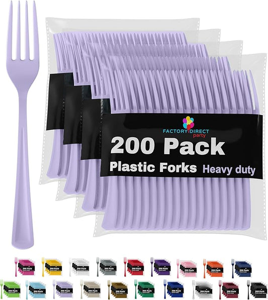 Party Solids Lavender Plastic Forks 200 Pieces Lavender Forks Disposable Utensils Heavy Duty Plastic Cutlery Set Disposable Cutlery Sets Flatware Sets Silverware Set Party Supplies & Party Tableware