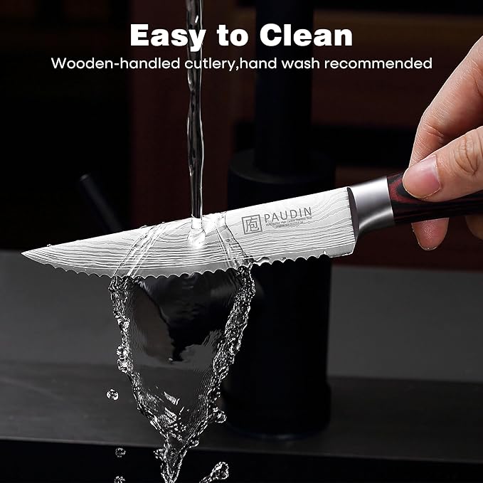 PAUDIN Steak Knives Set of 6, Kitchen Steak Knife 4.5 Inch, High Carbon Stainless Steel Steak Knives, Serrated Steak Knife with Pakkawood Handle, Dinner Knives with Gift Box