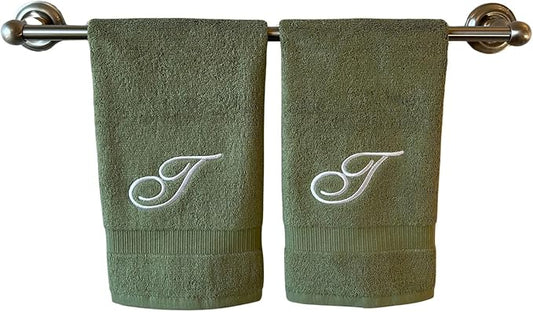 Sage Monogrammed Hand Towels for Bathroom - Luxury Hotel Quality Personalized Initial Embroidered Towel for Powder Room, Spa - GOTS Organic Certified - Set of 2 White Letter T