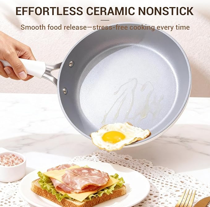 Ammeloo 15-Piece Ribbed Ceramic Cookware Set, Pots and Pans Set Non Stick, Induction Ready, Healthy Non Toxic Kitchen Cooking Set PFAS/PFOA/PTFE-Free, Silicone-wrapped Stay-Cool Handle