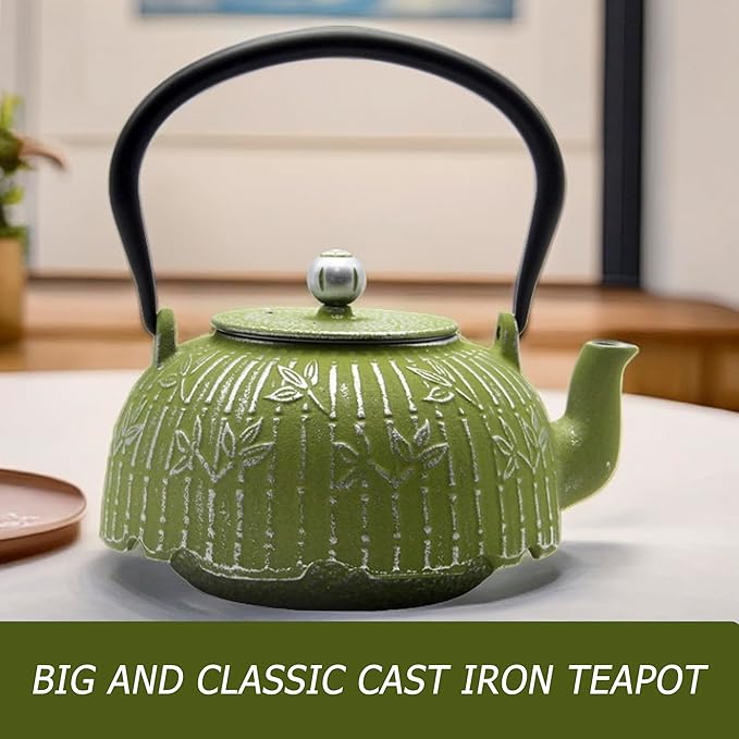 Tea Kettle, Japanese Cast Iron Teapot with Stainless Steel Infuser, Cast Iron Tea Kettle, Durable Teapot Coated with Enameled Interior (40.6oz Sage Green Bamboo Leaf Pattern)
