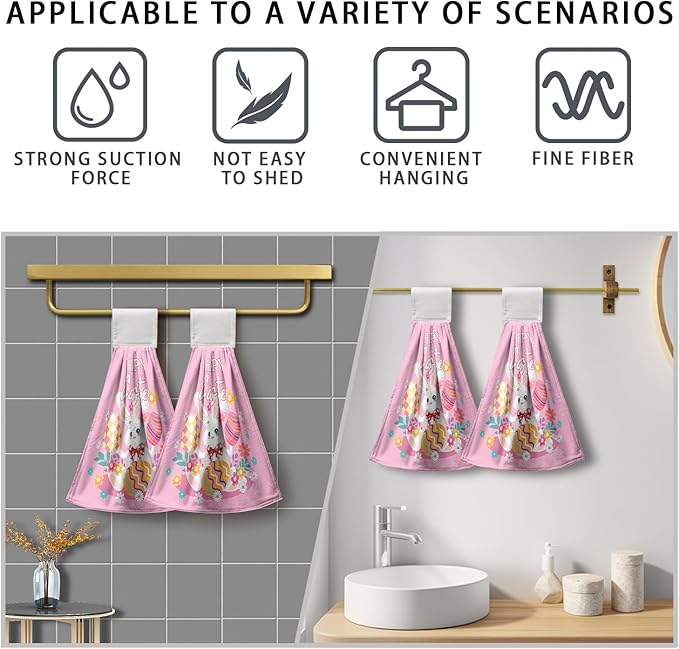 Easter Bunny Hanging Dish Towels Set of 2 Pink Rabbit Eggs Kitchen Towels with Loop Happy Easter Hand Tie Towel Spring Floral Soft Absorbent Tea Towel for Bathroom Kitchen Laundry Room