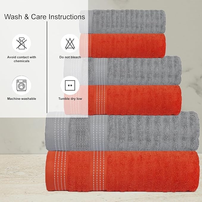 CASA COPENHAGEN Elegance 6 Pieces Towel Set- Orange + Grey Violet, 550 GSM 2 Bath Towel 2 Hand Towel 2 Washcloth, Designed in Denmark Made of Soft Egyptian Cotton for Bathroom, Kitchen & Shower