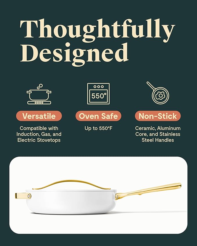 Caraway Nonstick Ceramic Sauté Pan with Lid (4.5 qt, 11.8") - Non Toxic, PTFE & PFOA Free - Oven Safe & Compatible with All Stovetops (Gas, Electric & Induction) - White