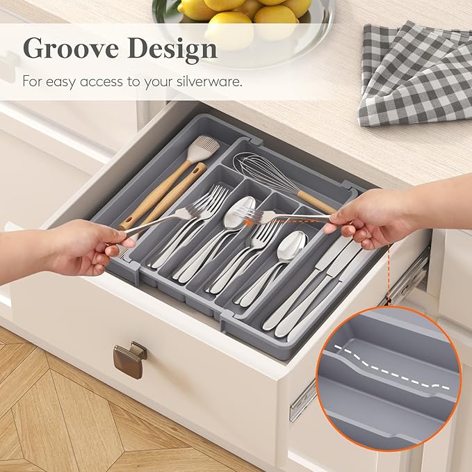 Lifewit Silverware Drawer Organizer, Expandable Utensil Tray for Kitchen, BPA Free Flatware and Cutlery Holder, Adjustable Plastic Storage for Spoons Forks Knives, 8.5"-14.1" x 12.1", Gray