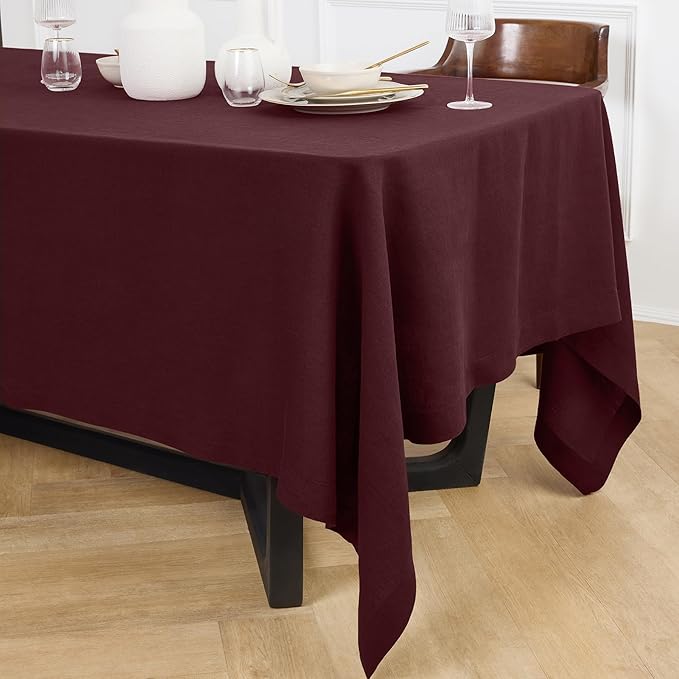 Solino Home Linen Burgundy Tablecloth 70 x 132 Inch - 100% Pure Linen Rectangular Tablecloth - Machine Washable Table Cloth for Valentines, New Year - Sonoma