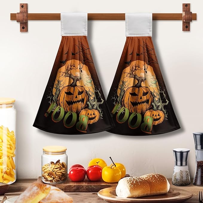 Halloween Boo Hanging Dish Towels Pumpkin Ghost Spooky Hand Towels with Hanging Loop Scary Moon Night Hanging Kitchen Towel Soft Absorbent Tea Towel for Halloween Home Bathroom Decor 2 Pcs