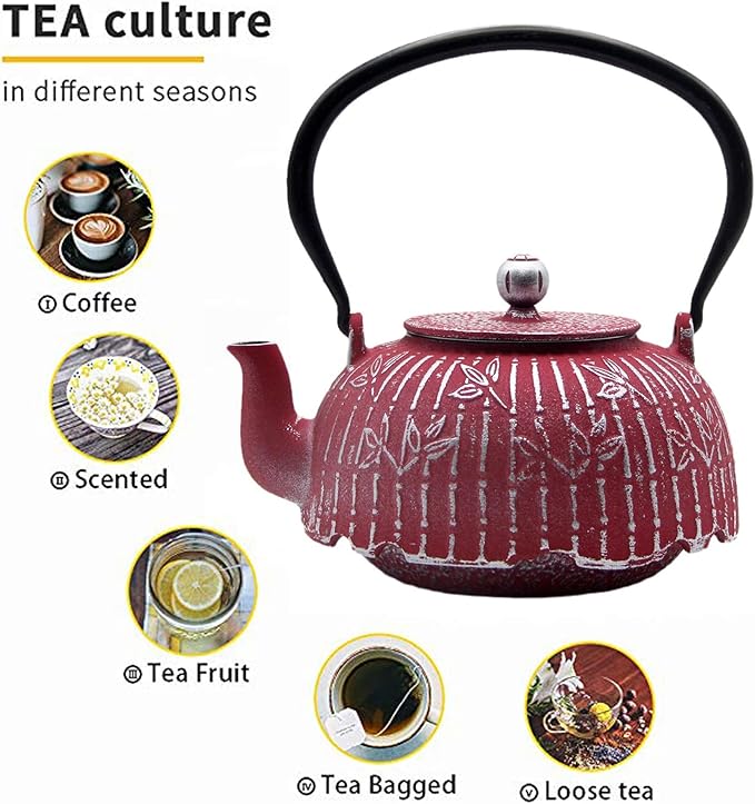 Tea Kettle, Japanese Cast Iron Teapot with Stainless Steel Infuser, Cast Iron Tea Kettle, Durable Teapot Coated with Enameled Interior (40.6oz Burgundy Bamboo Leaf Pattern)