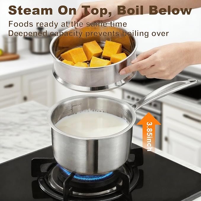 1Qt and 2Qt Triple Stainless Steel Saucepan with Lid, Ramen Pot with Clear Glass Cover, Small Sauce Pan for Cooking Oatmeal, Induction-Ready, Dishwasher-Safe, Suitable for All Stoves