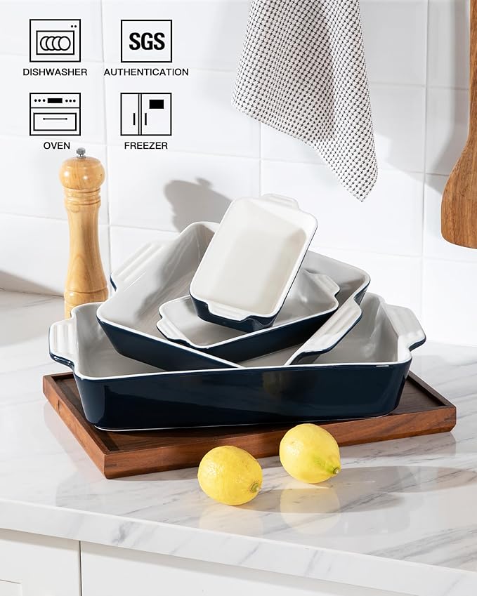 Sweejar Ceramic Bakeware Set of 4, Casserole Dishes for Oven, Rectangular Baking Dish with Handles, Lasagna Pans Deep for Cooking, Gratin, Roasting, Banquet and Daily Use (Navy)