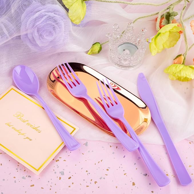 WDF 160 Piece Purple Plastic Silverware - Heavy Duty Purple Silverware Includes 80 Forks, 40 Spoons, 40 Knives, Lavender Plastic Utensils Perfect for Wedding, Party