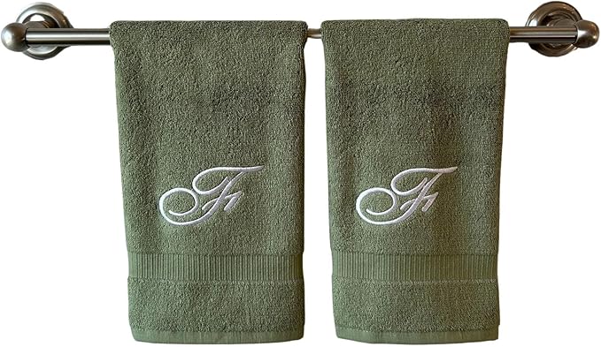 Sage Monogrammed Hand Towels for Bathroom - Luxury Hotel Quality Personalized Initial Embroidered Towel for Powder Room, Spa - GOTS Organic Certified - Set of 2 White Letter F