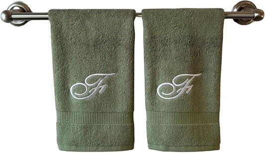 Sage Monogrammed Hand Towels for Bathroom - Luxury Hotel Quality Personalized Initial Embroidered Towel for Powder Room, Spa - GOTS Organic Certified - Set of 2 White Letter F