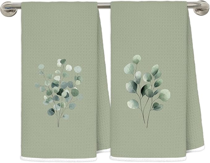 Sage Green Eucalyptus Bathroom Hand Towels, Farmhouse Botanical Decorative Hand Towels for Washroom Restroom, Eucalyptus Bathroom Decor, 16x24 Inch Set of 2