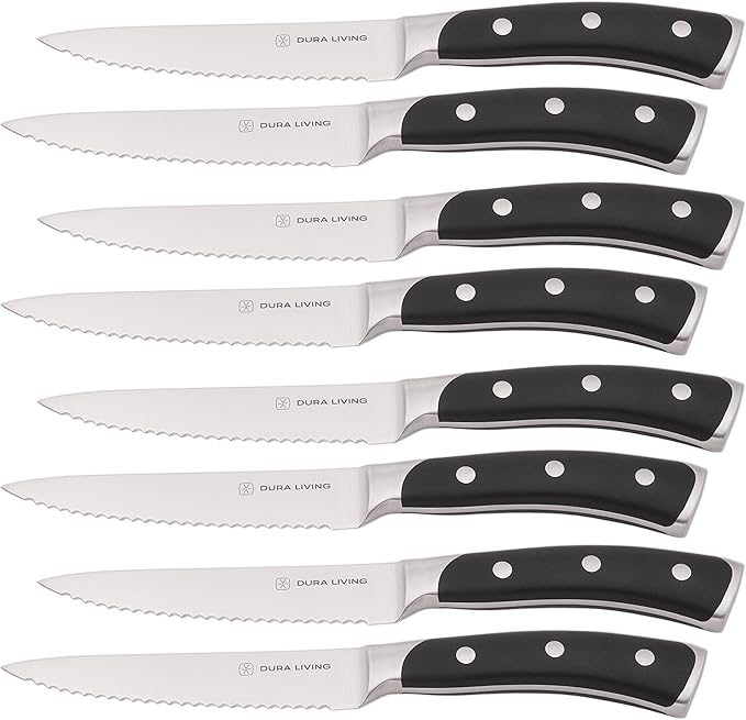 DURA LIVING 8-Piece Serrated Kitchen Steak Knife Set – Forged High Carbon Stainless Steel, Ultra Sharp, Ergonomic Black Handles, Durable Dinner Knives, Black Handle